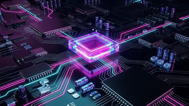 Closeup of a circuit board with a glowing pink and blue neonlit square in the center, surrounded by various microchips and wires on a dark background 4k video