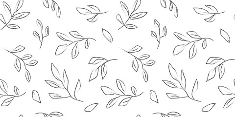 Fototapeta premium A seamless pattern featuring a simple monochrome print of branches and leaves in a line art style. Vector graphics.