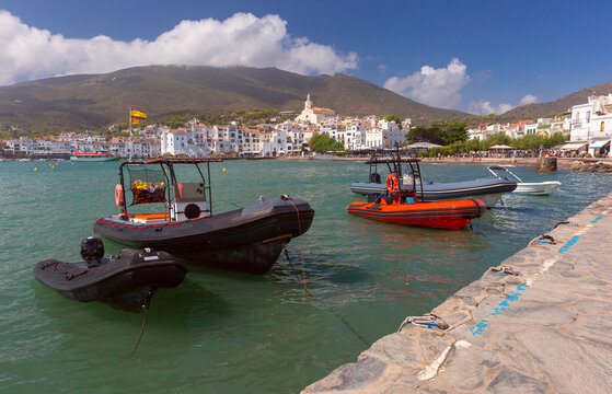 Inflatable boats moored in Cadaques harbor, Catalonia, Spain