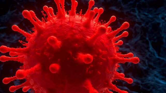 Red virus cell with surface spikes emphasizing family bonds and togetherness