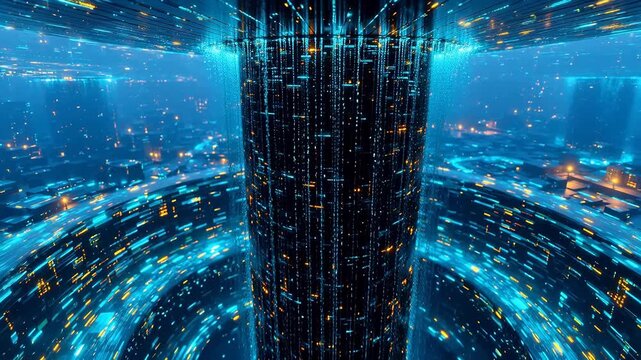 Futuristic digital data tower emphasizing industrial strength and manufacturing