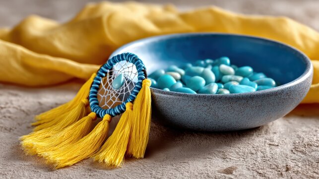 Native American Day essentials flat lay with dreamcatcher, arrowhead, and sacred geometry stone on soft buckskin surface
