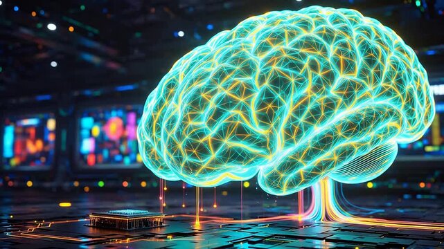 Blue glowing brain on circuit board emphasizing teamwork and professional collaboration