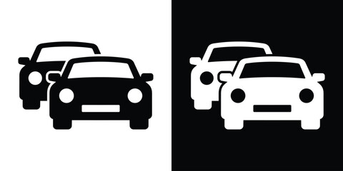 Two passenger cars in a row representing a fleet or traffic. Vector icon for car sharing, dealership, parking management, automotive sales, and transportation logistics. Black and white set. © bibin