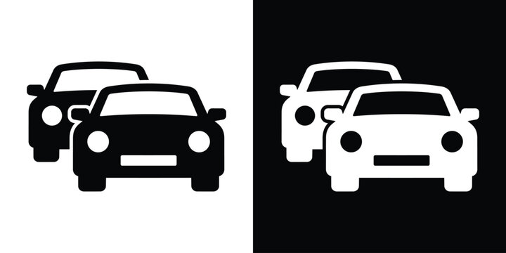 Two passenger cars in a row representing a fleet or traffic. Vector icon for car sharing, dealership, parking management, automotive sales, and transportation logistics. Black and white set.