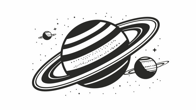 Black and white illustration of planet saturn and celestial bodies on white background