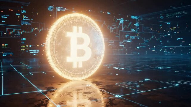 Digital Bitcoin coin in futuristic setting for culinary showcases and restaurant branding
