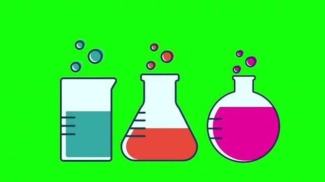 Animated Chemistry Flasks and Beaker on Green Screen