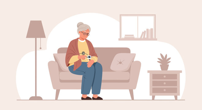 Elderly Woman Sitting on Sofa, Holding Medicine Bottle and Pills