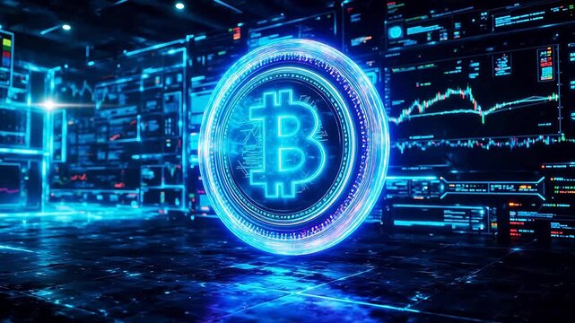 Digital Bitcoin coin in futuristic interface ideal for cinematic storytelling and documentaries