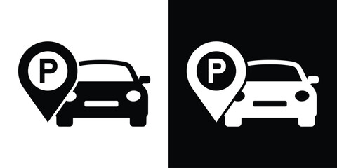 Car with a map pin and letter P icon. Represents parking lot location, GPS navigation for vehicles, urban parking services, and mobile app finder. Flat vector set on black and white backgrounds. © bibin