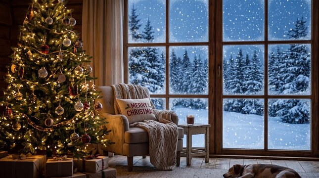Cozy Christmas Scene with Decorated Tree and Snowy Window View.
