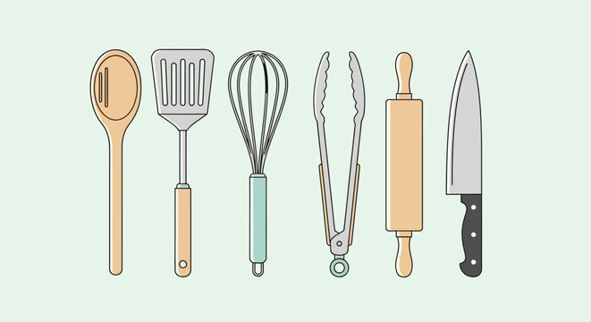 Various kitchen utensils and tools arranged on a surface