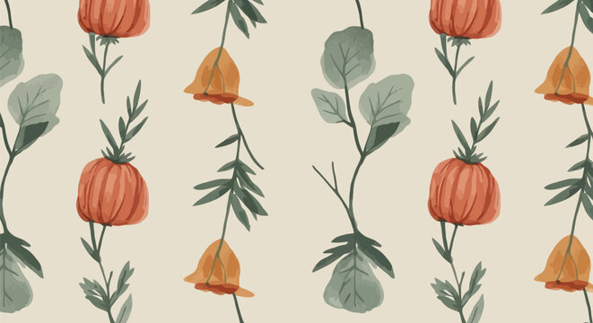 A vibrant floral pattern featuring pumpkins and leaves on a cream background with green foliage.