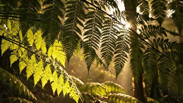 Overlapping tree fern fronds catching golden shafts through humid woodland air, creating delicate patterned shadows, soft glow, organic depth and a calm prehistoric forest feeling at dawn