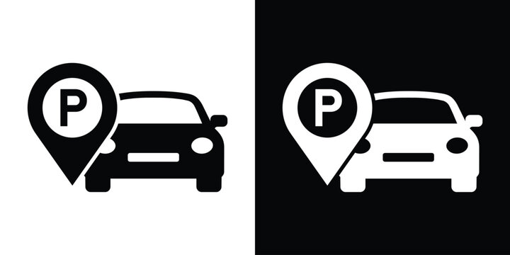 Car with a map pin and letter P icon. Represents parking lot location, GPS navigation for vehicles, urban parking services, and mobile app finder. Flat vector set on black and white backgrounds.