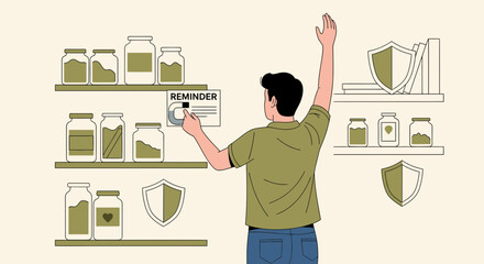 Fototapeta premium Man Setting Reminder on Digital Shelf with Jars and Shields, Organization Concept