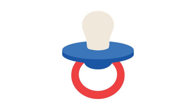 Modern flat vector icon illustration of a baby pacifier with a blue shield, red ring handle, and beige nipple, isolated on a white background for infant care, parenting, and nursery design.