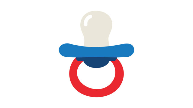 Modern flat baby pacifier vector icon illustration. Clean design of an infant dummy or soother with a blue shield, red ring, and cream nipple isolated on white. Ideal for childcare and parenting.
