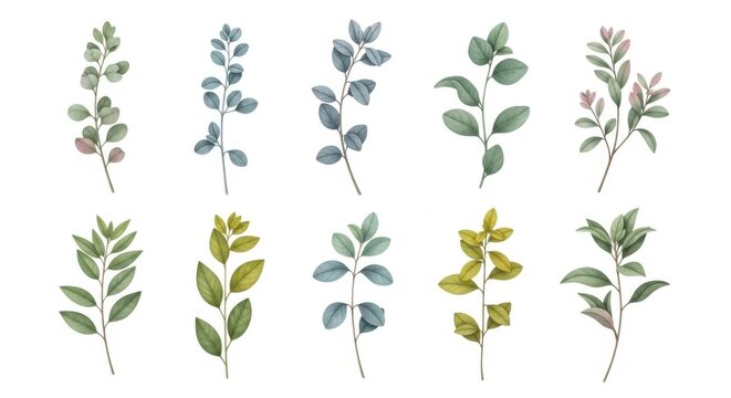 Watercolor Botanical Elements Eucalyptus, Olive Branch, Sage Sprigs Vector Illustration