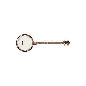 Top-down view of a traditional wooden banjo with a white circular head and fretted neck