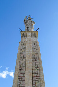 Low angle of the Sacred Heart of Jesus Statue on Cerro del Socorro in Cuenca, Spain
