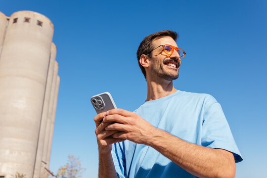 Happy man looks afar