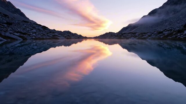 Blue hour settling over a granite cirque tarn with smoke soft mist and flawless mirrored sky, where pale alpine stone and still reflective water compose a hushed panorama of remote equilibrium