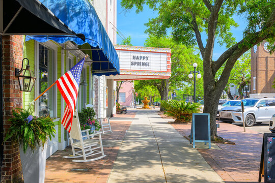 Vintage theaters, shops and cafes along Front Street, the main street through the early American colonial waterfront town of Georgetown, South Carolina.
