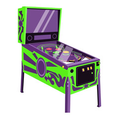 Dynamic neon green and purple pinball machine bringing retro arcade excitement to life © Astutik