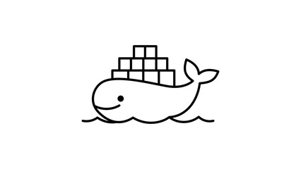 Minimalist Docker Whale Vector Icon with Editable Stroke. Clean black line illustration of a whale carrying shipping containers on waves, representing software containerization and devops technology. © Saif