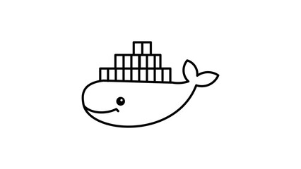 Docker Whale Logo Vector Icon with Editable Stroke, Minimalist Black Line Art Illustration of a Whale Carrying Cargo Containers, Scalable Software Development and Containerization Symbol for Web © Saif