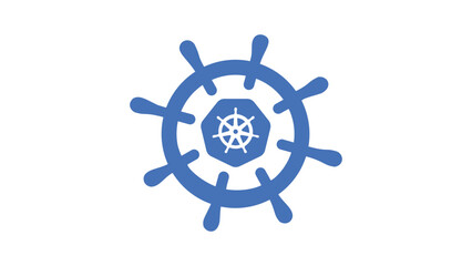 Obraz premium Modern flat vector icon illustration of a blue ship helm wheel on a white background, representing Kubernetes and Helm for cloud computing, container orchestration, and software deployment technology.