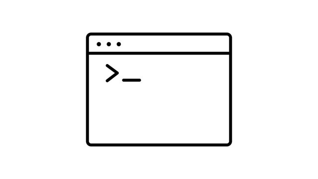 Terminal Window Command Line Interface Vector Icon Illustration with Editable Stroke, Minimalist Black Outline for Software Development, Programming, Coding, and Tech Web Design Projects.