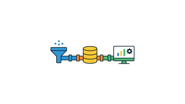 Modern flat data pipeline illustration with editable stroke featuring a funnel, database, and analytics monitor representing information processing, ETL, and big data management vector icon.