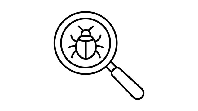 Debugger and Software Testing Minimalist Black Line Vector Icon Featuring a Magnifying Glass Over a Bug; Editable Stroke Illustration for Web Design, App Development, and Pest Control Services.