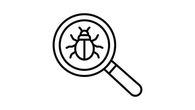 Software Debugging and Malware Search Minimalist Black Line Vector Icon with Editable Stroke. Magnifying Glass Over Bug for Virus Detection, Security Analysis, and Programming Error Inspection.