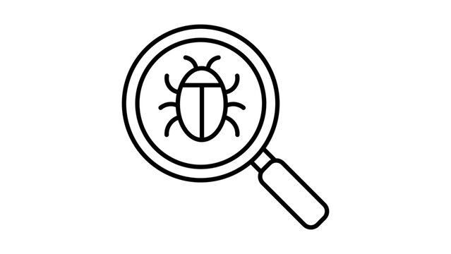 Debugger and Software Testing Editable Stroke Vector Icon. A minimalist black line illustration of a magnifying glass over a bug on a white background for web design and app development.