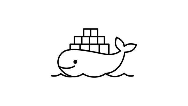 Minimalist Docker Whale Vector Icon with Editable Stroke. Clean black line illustration of a whale carrying shipping containers on waves, representing software containerization and devops technology.