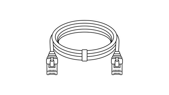 Coiled Ethernet Cable Vector Icon with Editable Stroke. Minimalist Black Line Illustration of a Network LAN Patch Cord for Internet Connection and Data Transfer on White Background.