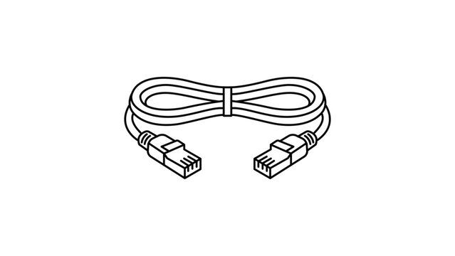 Ethernet Cable Vector Icon with Editable Stroke. Minimalist black line illustration of a coiled network patch cord with RJ45 connectors for internet connection, data transfer, and networking.