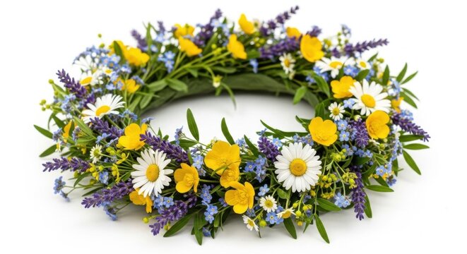 Summer Flower Wreath Garland Decoration, Wild Daisy Buttercup Lavender Meadow Flowers