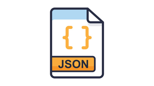 Modern JSON File Format Vector Icon Illustration Featuring Curly Braces and Bold Text. Clean Flat Document Design with Editable Stroke for Web Development, Programming, and Data Exchange.