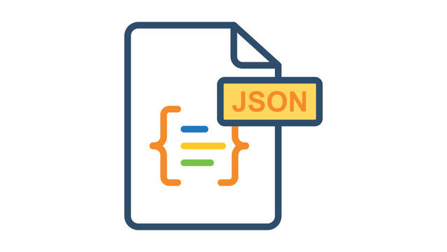 JSON File Format Document Vector Icon Illustration with Curly Braces and Code Snippet on White Background. Modern Flat Design with Editable Stroke for Web Development and Data Exchange.