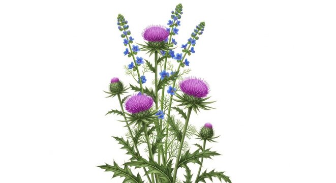 Scottish Thistle and Blue Wildflowers Bouquet Illustration