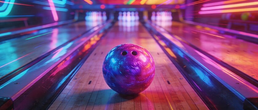 A bowling ball rolls down a vibrant neon-lit lane towards pins in a modern bowling alley at night.