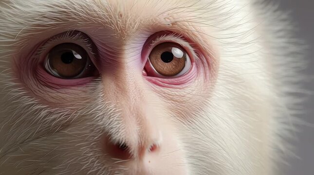 Extreme macro shot of an albino primate's face, focusing on its unique pale pink eyes and delicate white eyelashes, blinking slowly, ultra-realistic fur textures