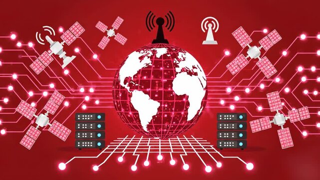A high-energy 2D animated infographic showcasing a rotating globe embedded in a server database network with broadcasting signals and satellites spinning against a deep red background. Excellent for t