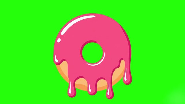 A colorful illustration of a pink glazed donut dripping frosting against a green screen background. This graphic is designed for food-related content, dessert branding, or menu design, utilizing chrom