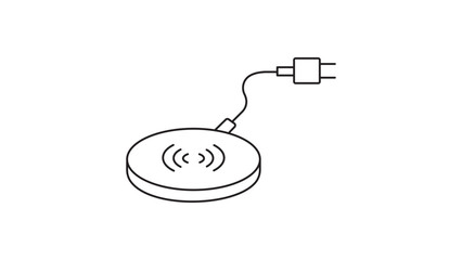 Wireless Charger Editable Stroke Vector Icon. Minimalist black line illustration of a round induction charging pad with power cable and plug, isolated on white background for technology design. © Saima